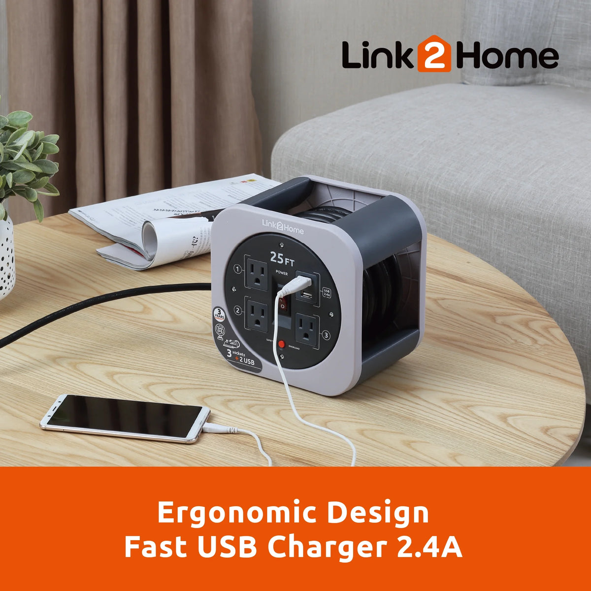 Cord Reel 25 ft Extension Cord with 3 Power Outlets and 2 USB Ports R796