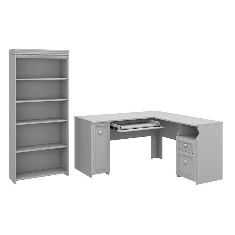 Gray L Shaped Desk with 5 Shelf Bookcase V53212