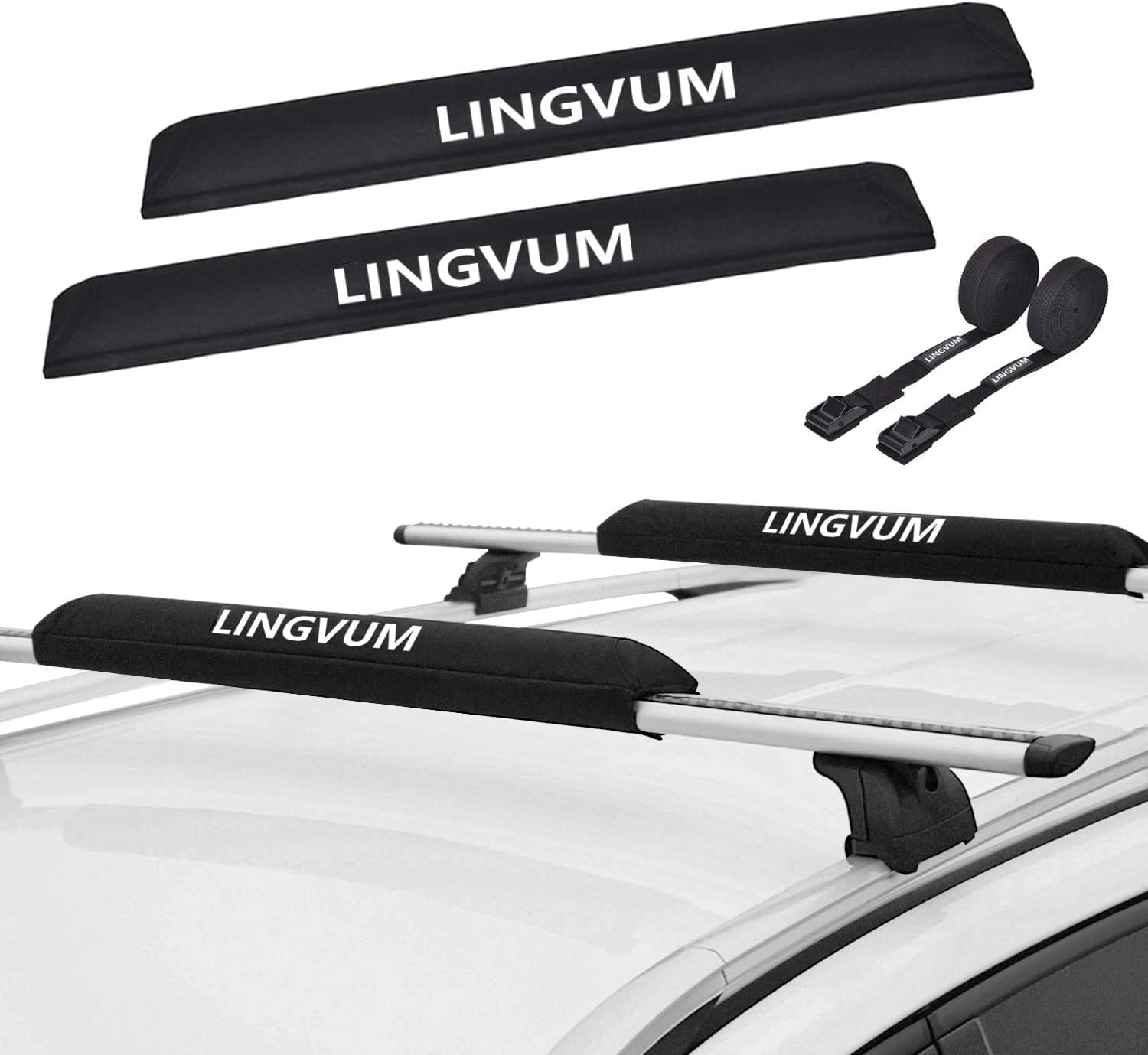 Soft Roof Rack Pads with Two 15 Ft Straps - 28” Car Carrier Racks for Kayak, Surfboard, SUP Paddleboard, Snowboard, Black Pack of 2 B33517