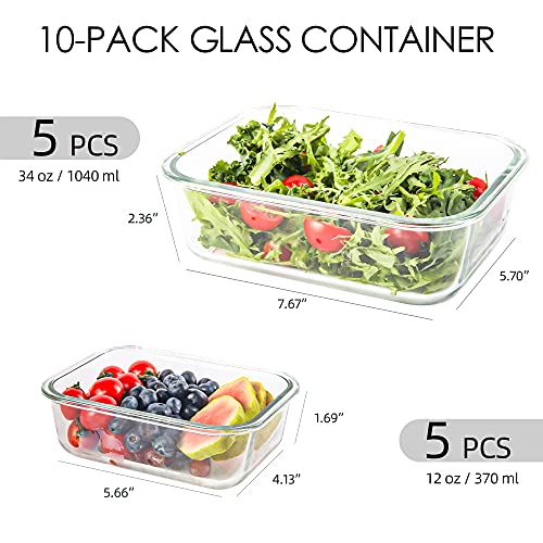 10 Pack Glass Food Storage Containers with Lids, Airtight, Leak Proof, Microwave & Freezer Safe (34oz & 12oz) M757