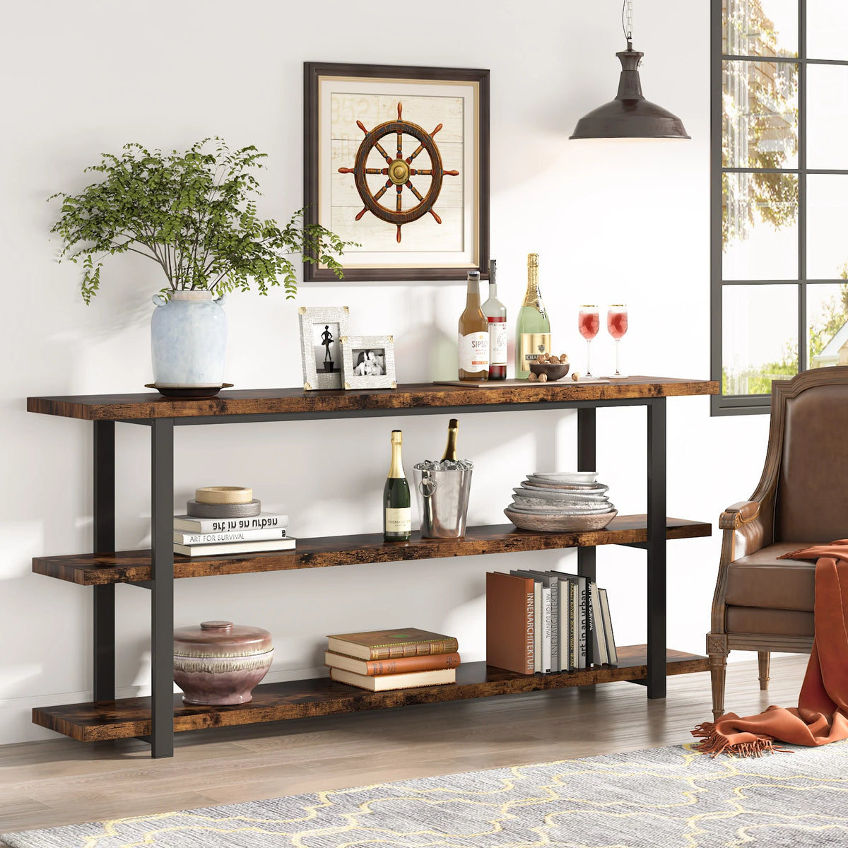 70.9 Inch Industrial Narrow Console Table with 3 Tier Storage Shelves R756058