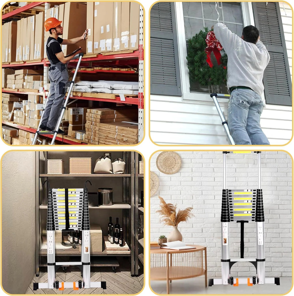20.3FT Aluminum Telescoping Ladder with Triangle Stabilizers & Detachable Hooks, 330lbs Capacity I13203