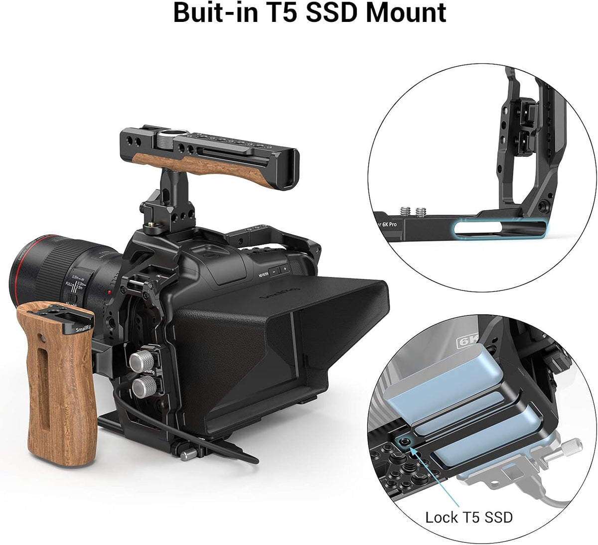Camera Cage Accessory Kit with Top Handle Wooden Side Handle HDMI Cable Clamp SSD Clamp Sunhood NATO Rail Screen Protector H1643