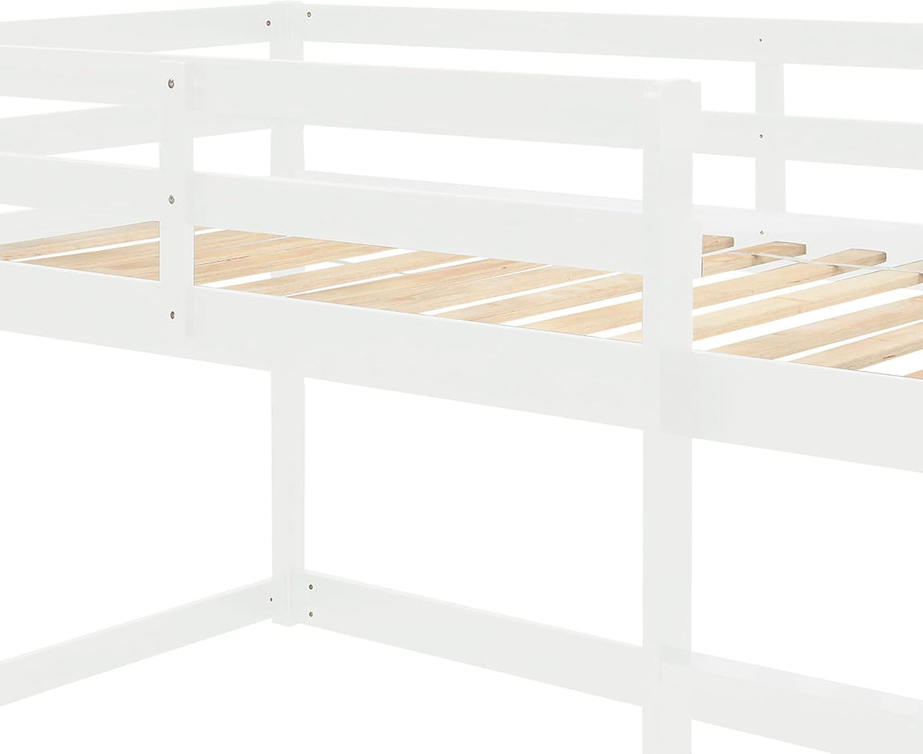 White Twin Over Twin Loft Bed Wooden Bed Frame with Safety Guardrail and Ladder I972