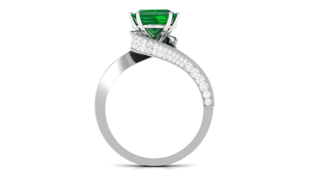Lab Grown Emerald Solitaire Ring with Diamond, Princess Cut, 8 mm, 925 Sterling Silver, US 10.00 O603029