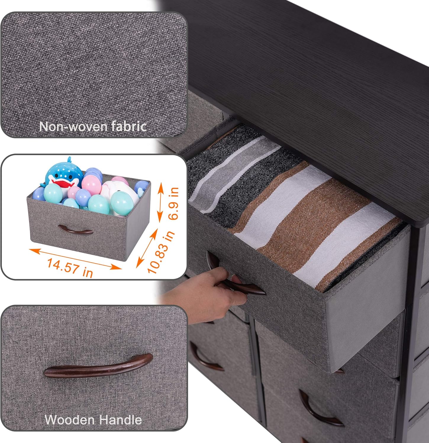 10 Drawer Vertical Dresser with Steel Frame and Fabric Bins K3383