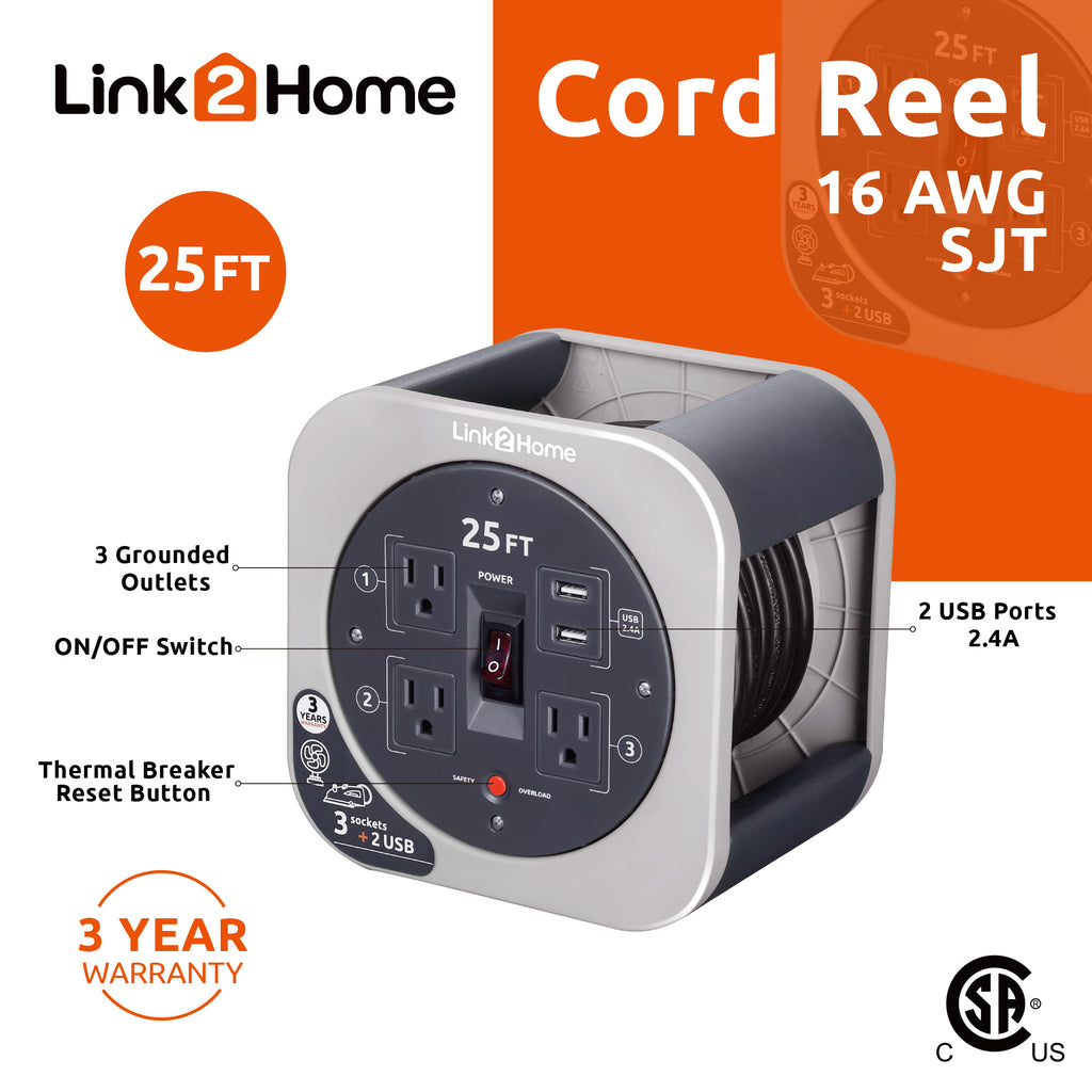 Cord Reel 25 ft Extension Cord with 3 Power Outlets and 2 USB Ports R796
