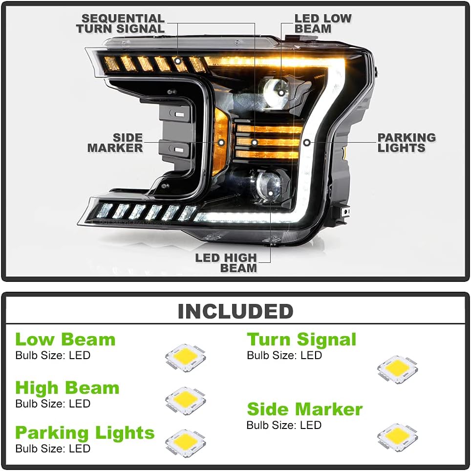Black LED Tube Projector Headlights Set Left+Right H419