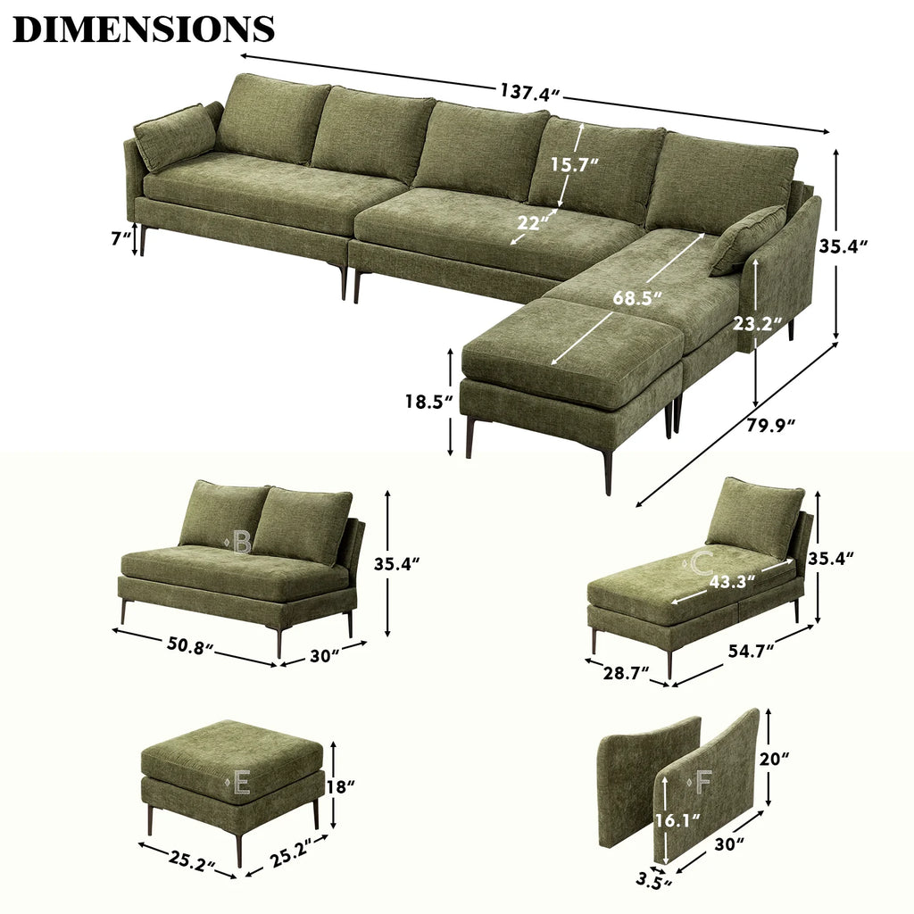 Green Chenille L Shaped Sectional Sofa with Chaise Lounge and Ottman J91345