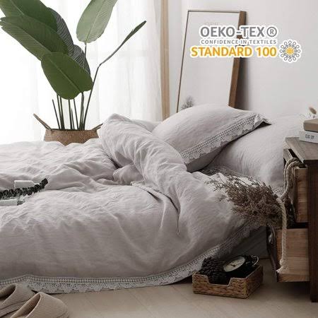 King 3pcs Pure Linen Duvet Cover Set Stone Washed Lace Border A1944