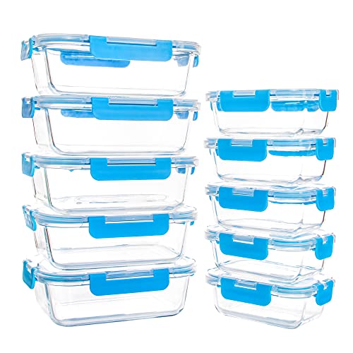 10 Pack Glass Food Storage Containers with Lids, Airtight, Leak Proof, Microwave & Freezer Safe (34oz & 12oz) M757