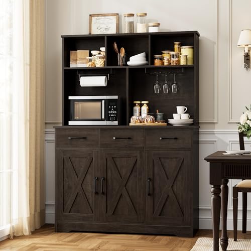 Rustic Brown Buffet Cabinet with Hutch and 3 Drawers K7081