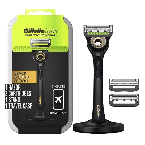 Gold Edition Razor with Exfoliating Bar, 1 Handle, 3 Razor Blade Refills, 1 Travel Case, 1 Premium Magnetic Stand D766154