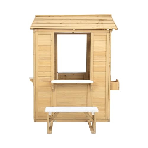 Wooden Playhouse with Window, Mailbox, Picnic Bench, Fenced, 39" x 38" x 55.5" N17992