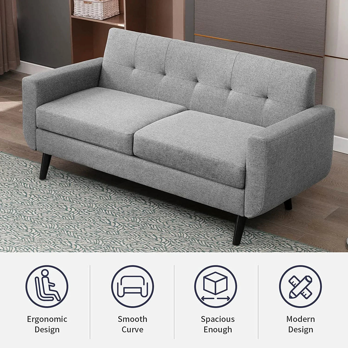 68" Futon Sofa 2-Seat Loveseat with Cushion, Light Gray W2218
