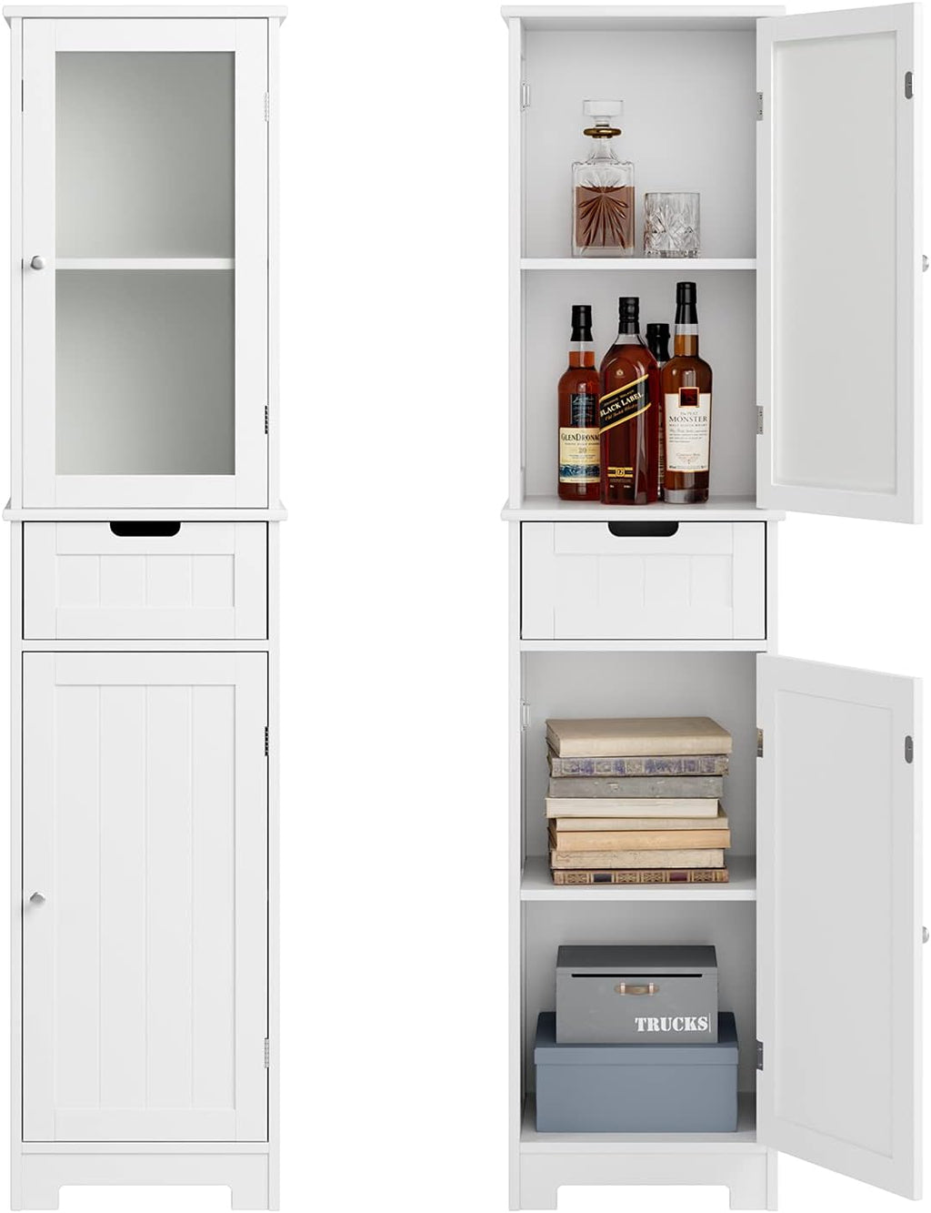 White Tall Freestanding Bathroom Storage Cabinet with Door and Drawer and Adjustable Shelves P71909