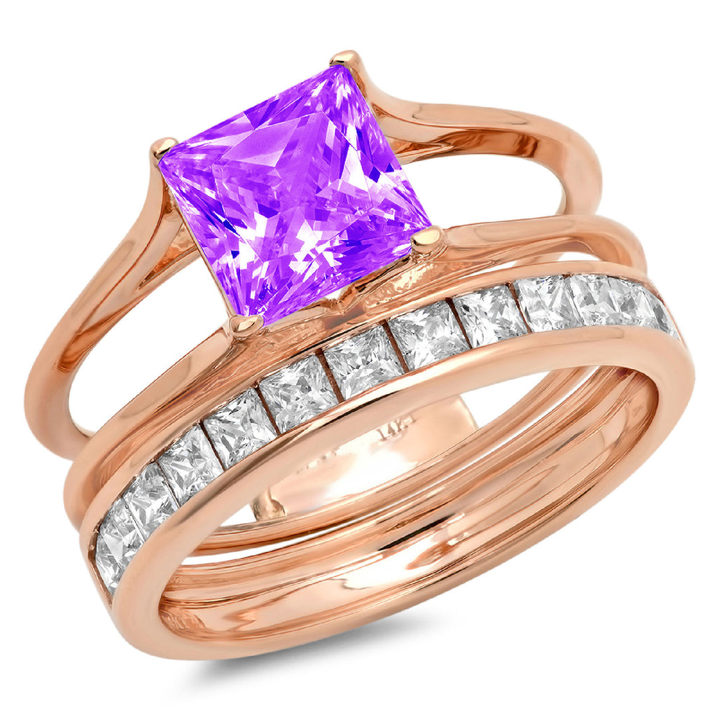 18K Rose Gold Amethyst Solitaire Bridal Set SZ 4.5 B627898