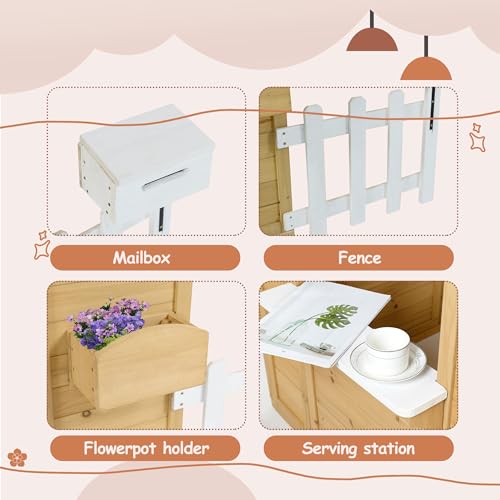 Wooden Playhouse with Window, Mailbox, Picnic Bench, Fenced, 39" x 38" x 55.5" N17992
