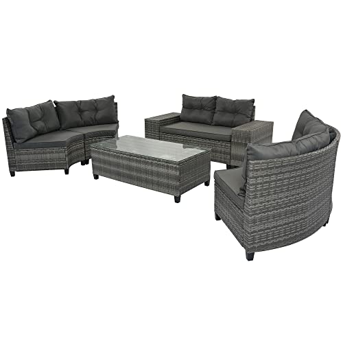 8 Piece Half Moon Sectional Patio Furniture Set with Washable Cushions and Glass Coffee Table F6626