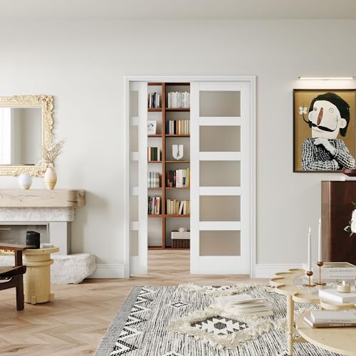 White Primed Double Sliding Pocket Door 60" x 80" with 5 Lites Tempered Frosted Glass Panels P949