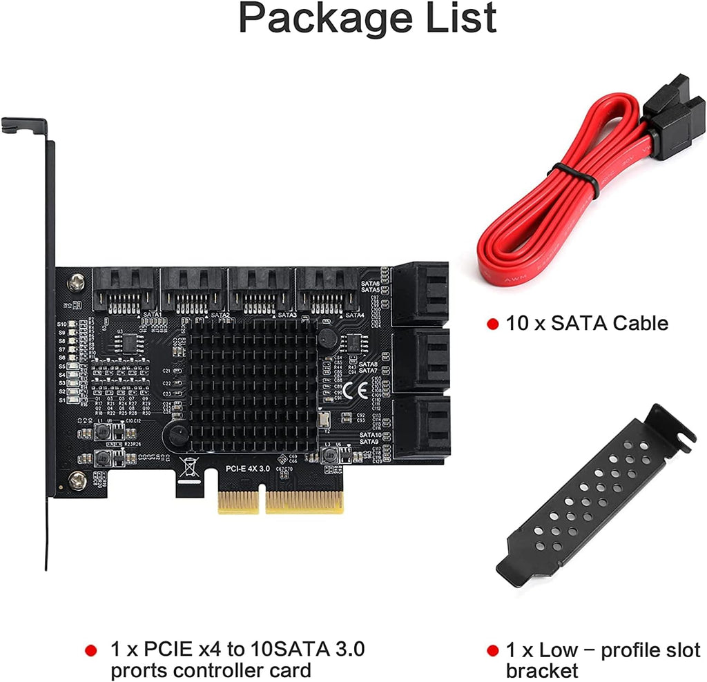 PCIE 4X SATA Card 10 Ports, 6 Gbps SATA 3.0 Controller PCIe Expansion Card, Non-Raid, with Low Profile Bracket and 10 SATA Cables I83299