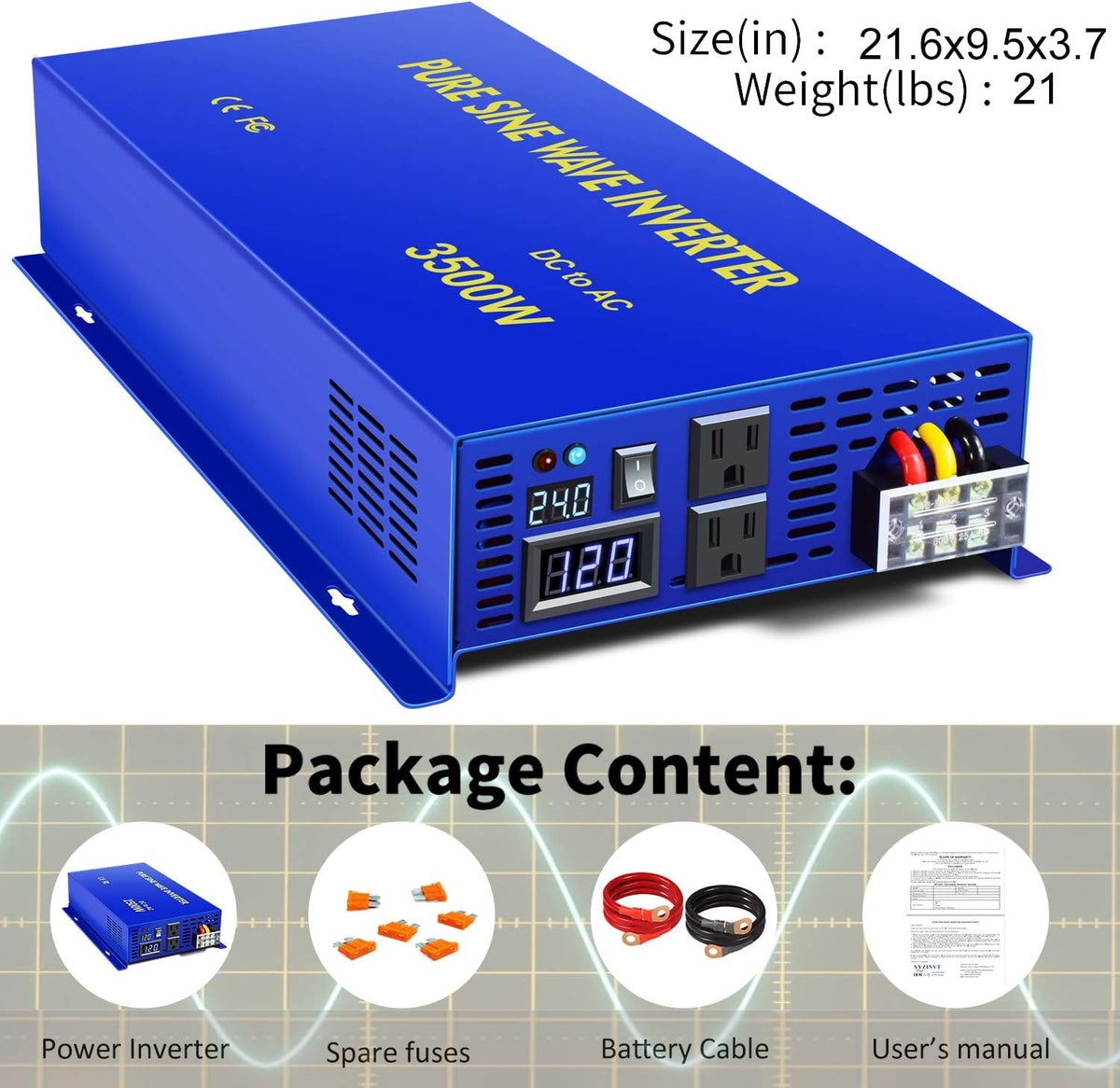 3500W / 7000W Peak 24V DC to AC 110V 120V Pure Sine Wave Power Inverter with LCD Display K794693