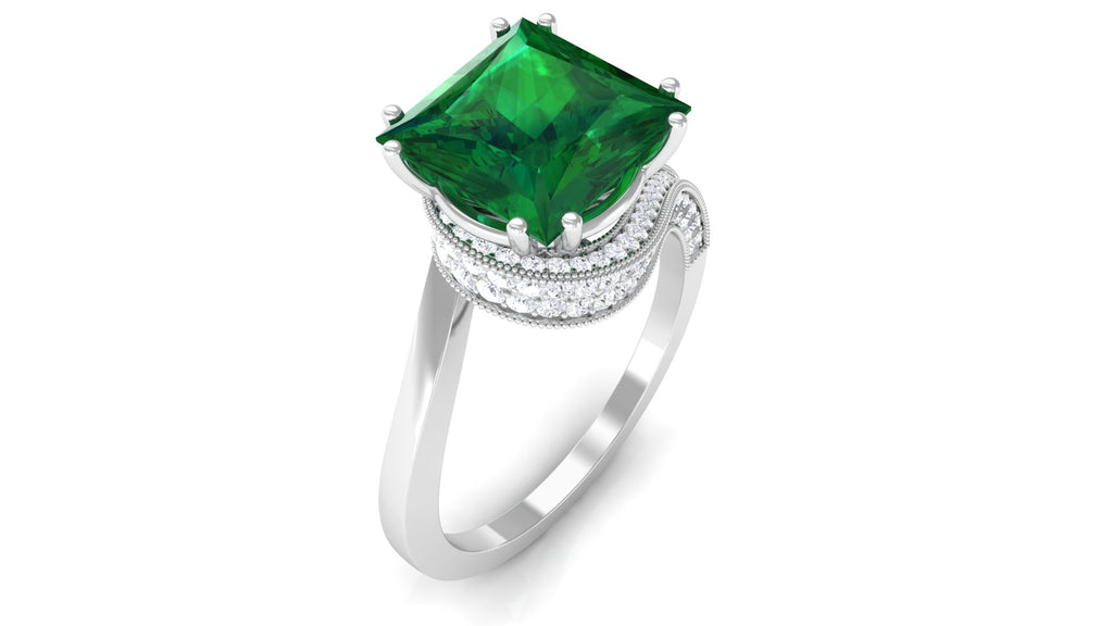 Lab Grown Emerald Solitaire Ring with Diamond, Princess Cut, 8 mm, 925 Sterling Silver, US 10.00 O603029