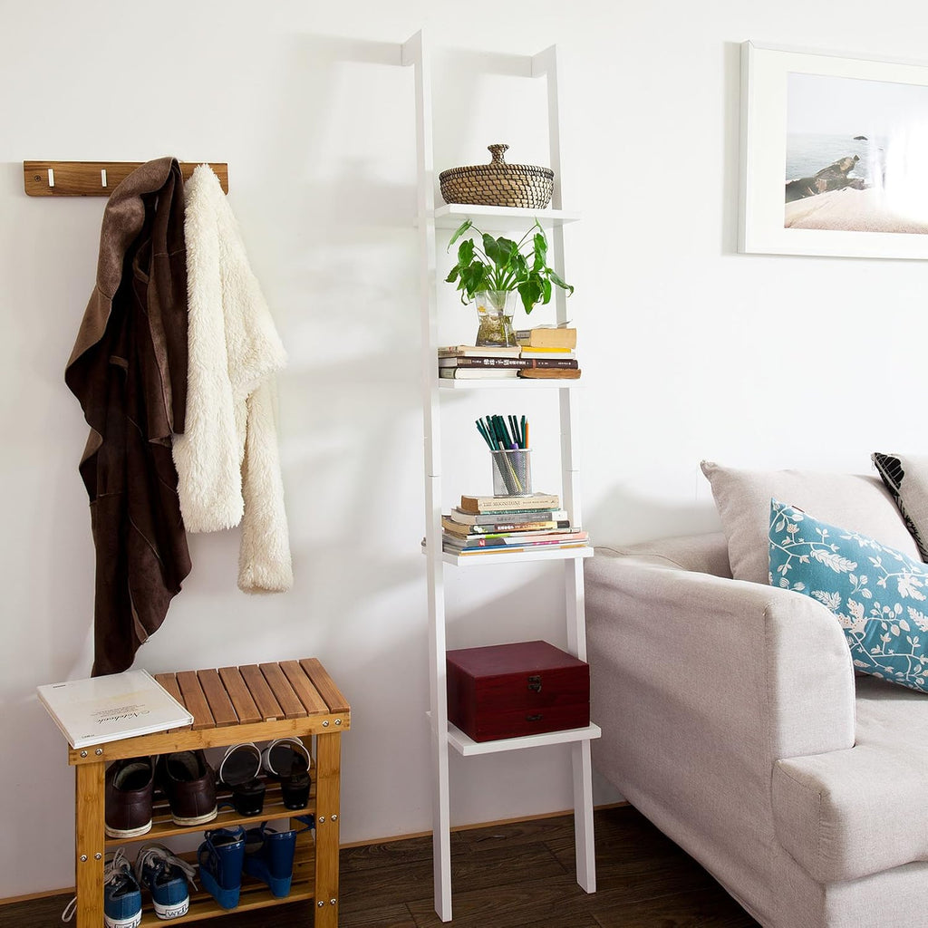 White Wood Ladder Bookcase with 4 Shelves T642729