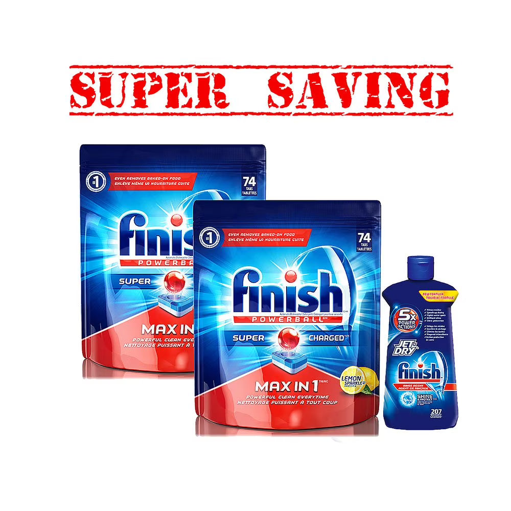 2X Finish Dishwasher Detergent Soap, 74 Tab & 2 Pk Finish Dishwasher Cleaner 2 X 250 Ml V5763