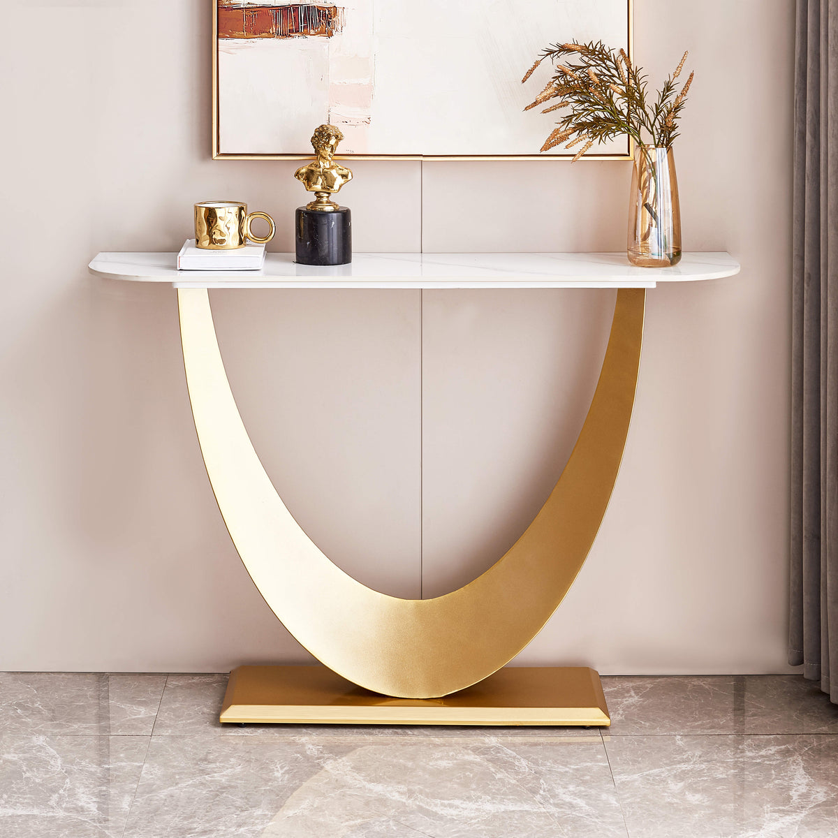 White & Gold Console Table with Marbling Top and Metal Base A5890