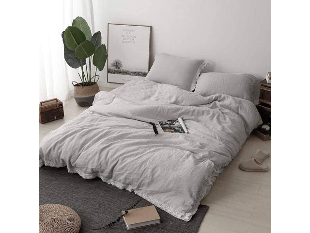 King 3pcs Pure Linen Duvet Cover Set Stone Washed Lace Border A1944