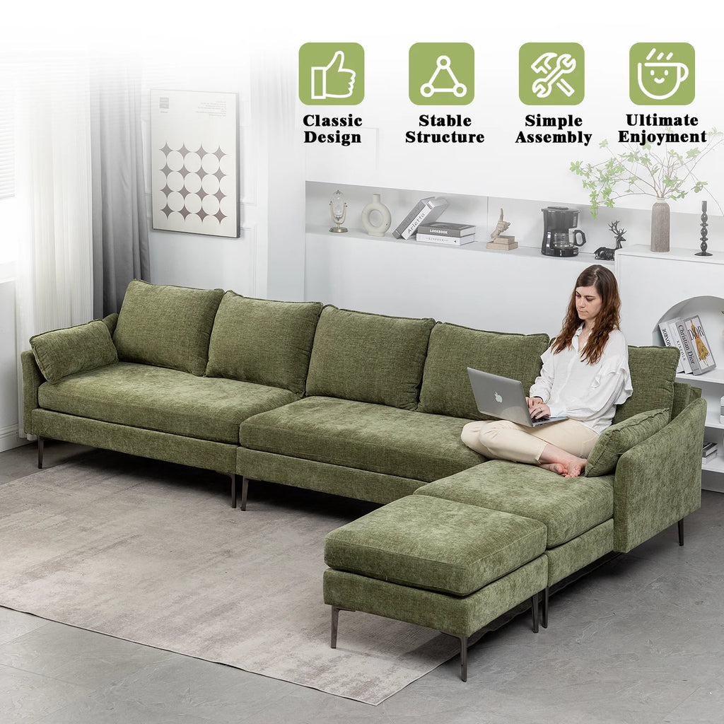 Green Chenille L Shaped Sectional Sofa with Chaise Lounge and Ottman J91345