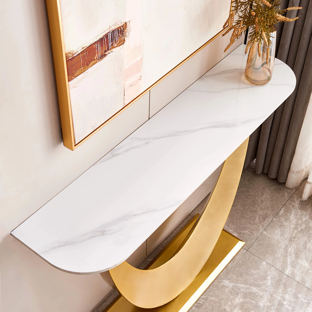 White & Gold Console Table with Marbling Top and Metal Base A5890