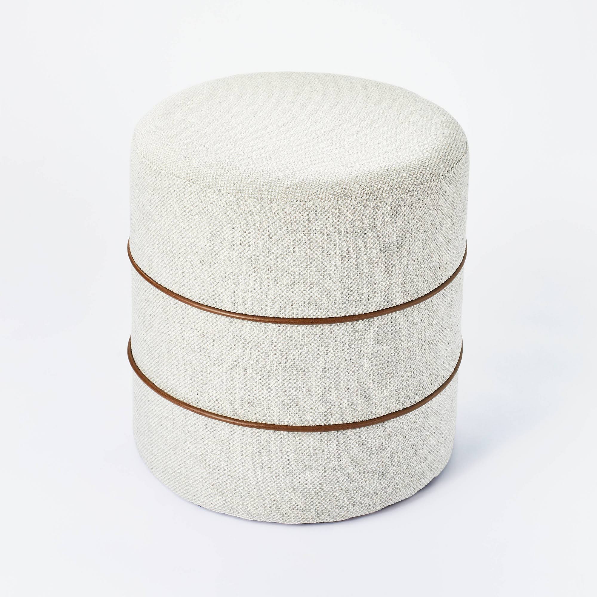 Cream Round Ottoman with Leather Piping Q384183