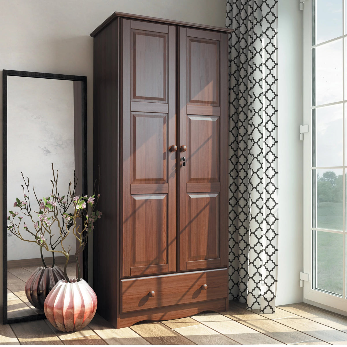 100% Solid Wood Wardrobe Armoire Mocha Y2589