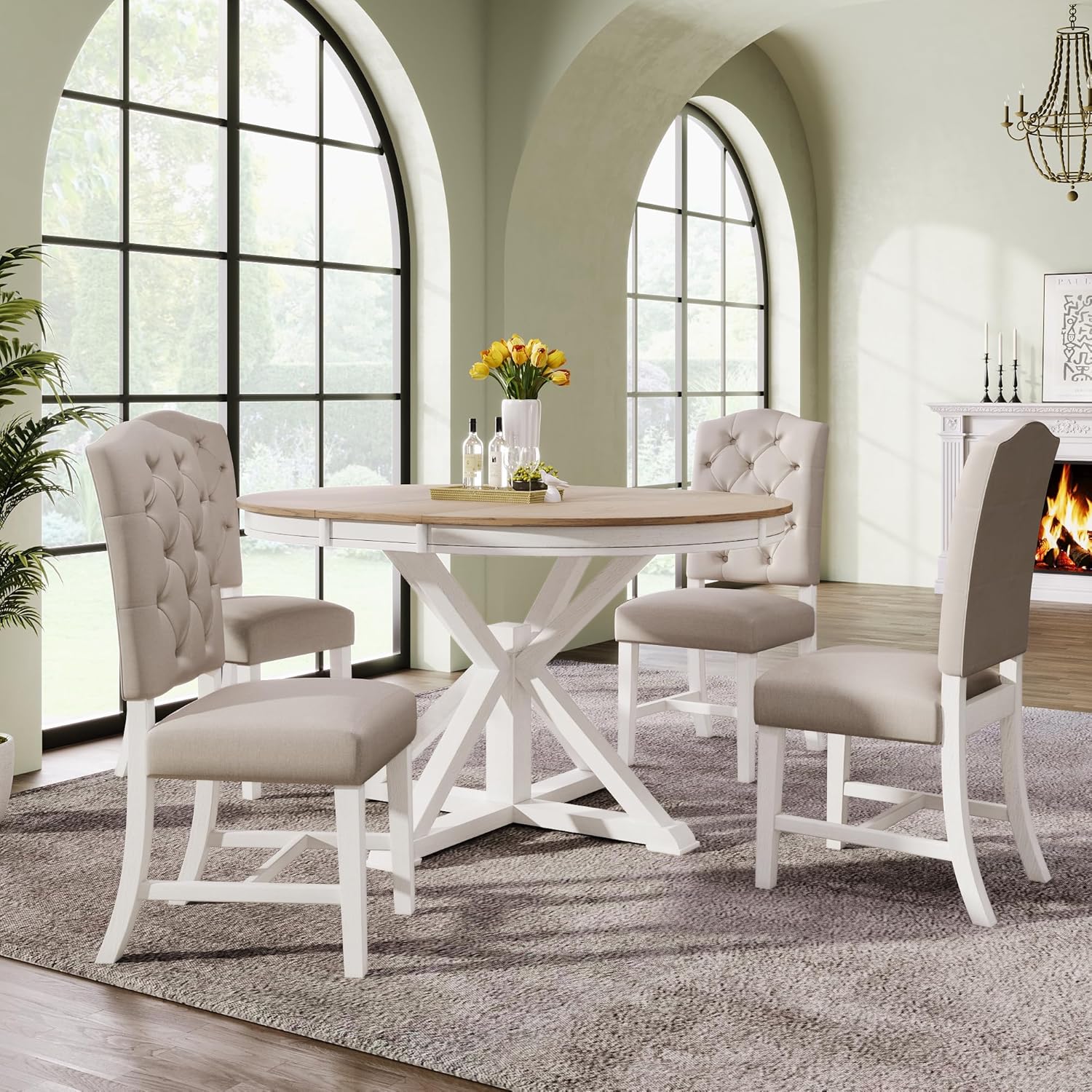 Oak Natural Wood Off White 5 Piece Dining Table Set with 4 Upholstered Chairs A499