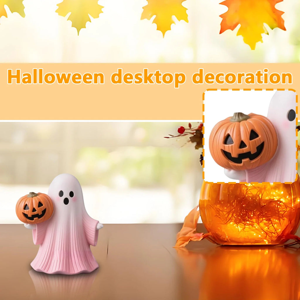 Pink Resin Ghost & Pumpkin Figurine Set F7953