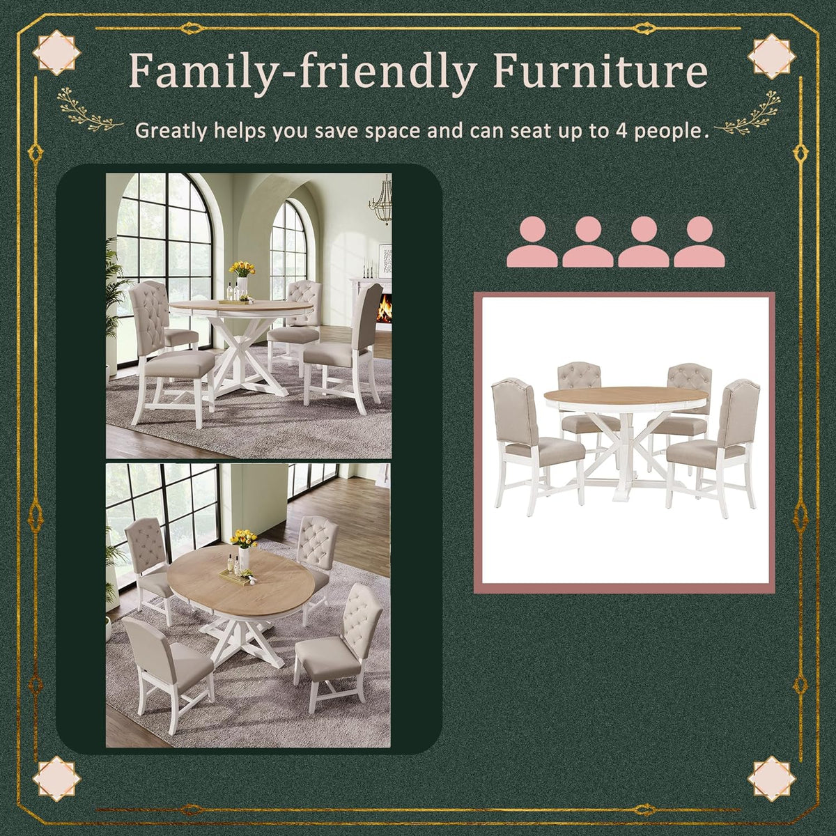 Oak Natural Wood Off White 5 Piece Dining Table Set with 4 Upholstered Chairs A499