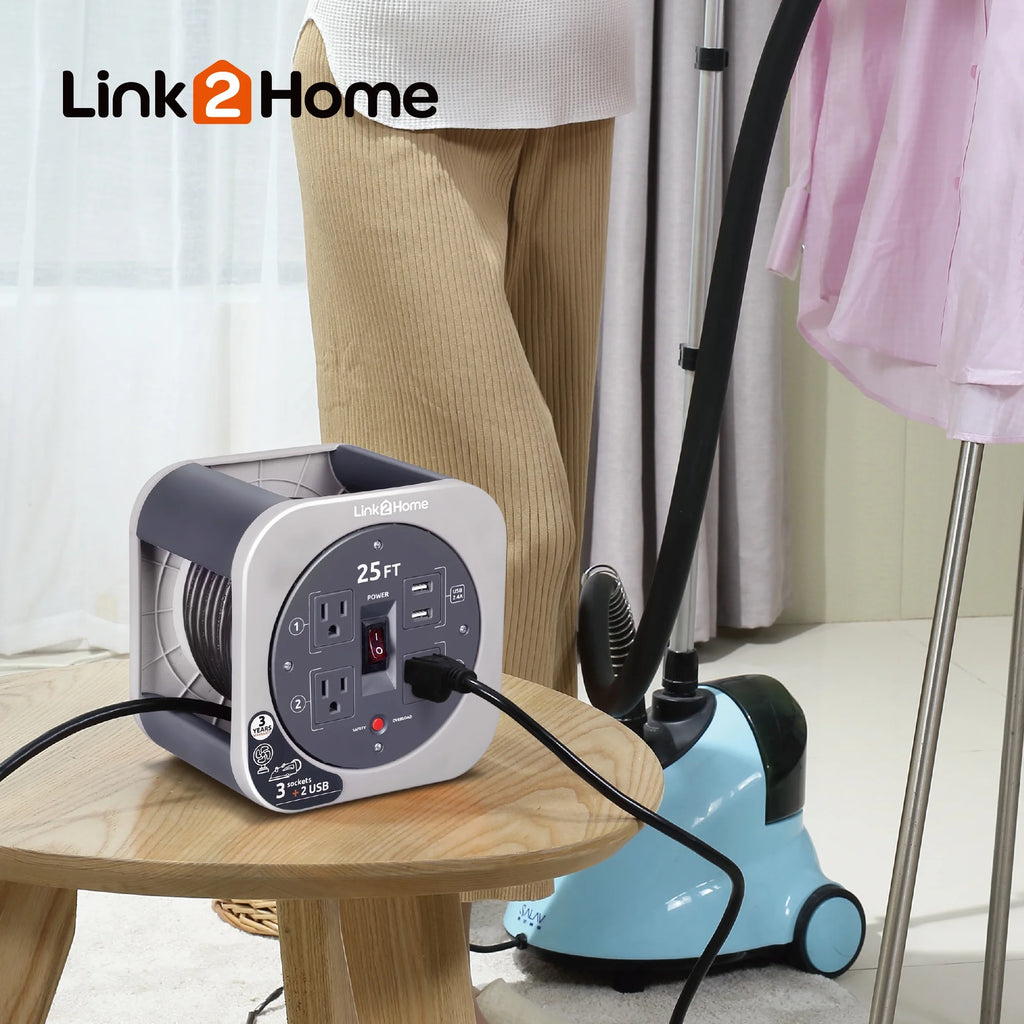 Cord Reel 25 ft Extension Cord with 3 Power Outlets and 2 USB Ports R796