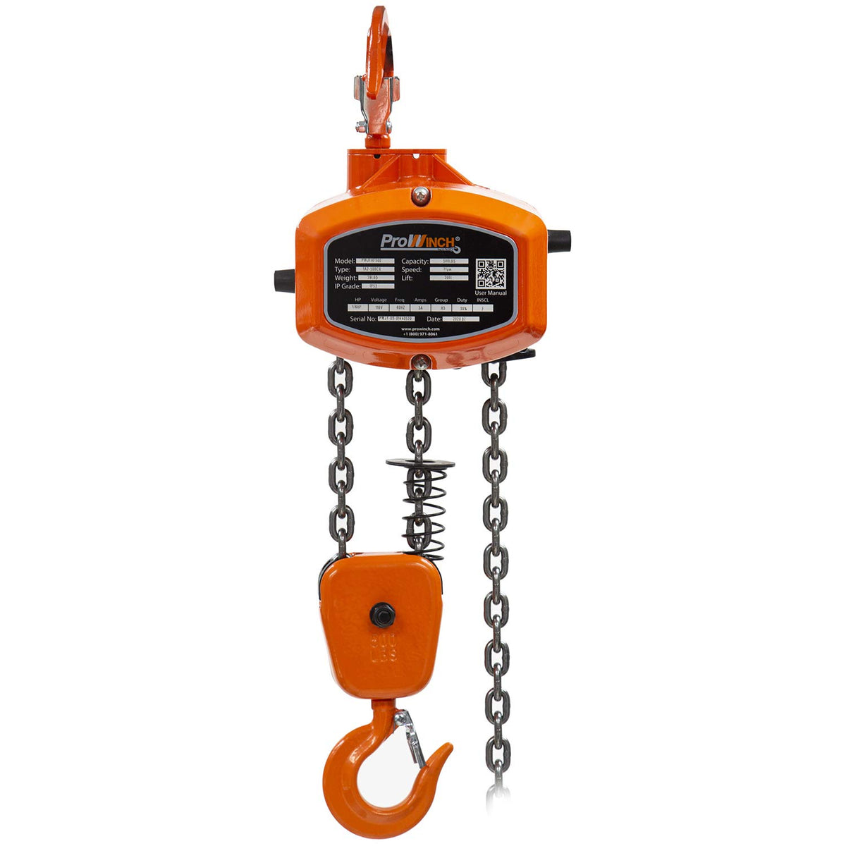 500lb Electric Chain Hoist 20ft G100 Chain M4/H3 220240/460V UL H190