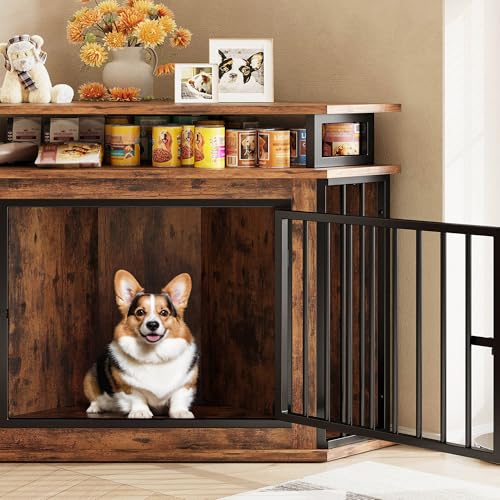 Rustic Brown Corner Wooden Dog Crate with 2-Tier Shelves O561
