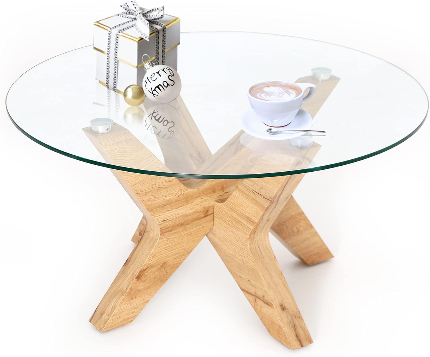 Round Glass Coffee Table with Natural Wood Frame and Tempered Glass Top X218