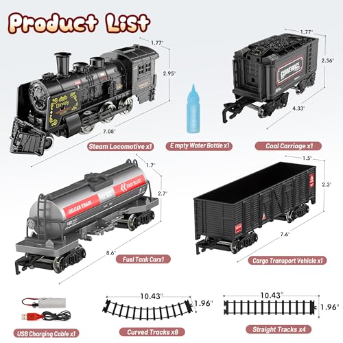 Metal Alloy Electric Train Set with Steam Locomotive, Cargo Cars & Tracks W130054