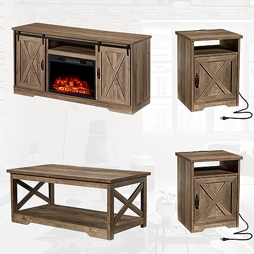 5-Piece Farmhouse Table Set with Fireplace TV Stand, Coffee Table, Two End Tables, Charging Station and USB Ports Z4646