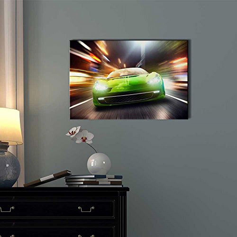 Canvas Prints Wall Art - Night Race/Green Racing Car, 12" x 18" U33059