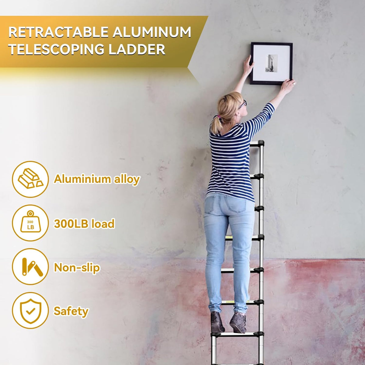 20.3FT Aluminum Telescoping Ladder with Triangle Stabilizers & Detachable Hooks, 330lbs Capacity I13203