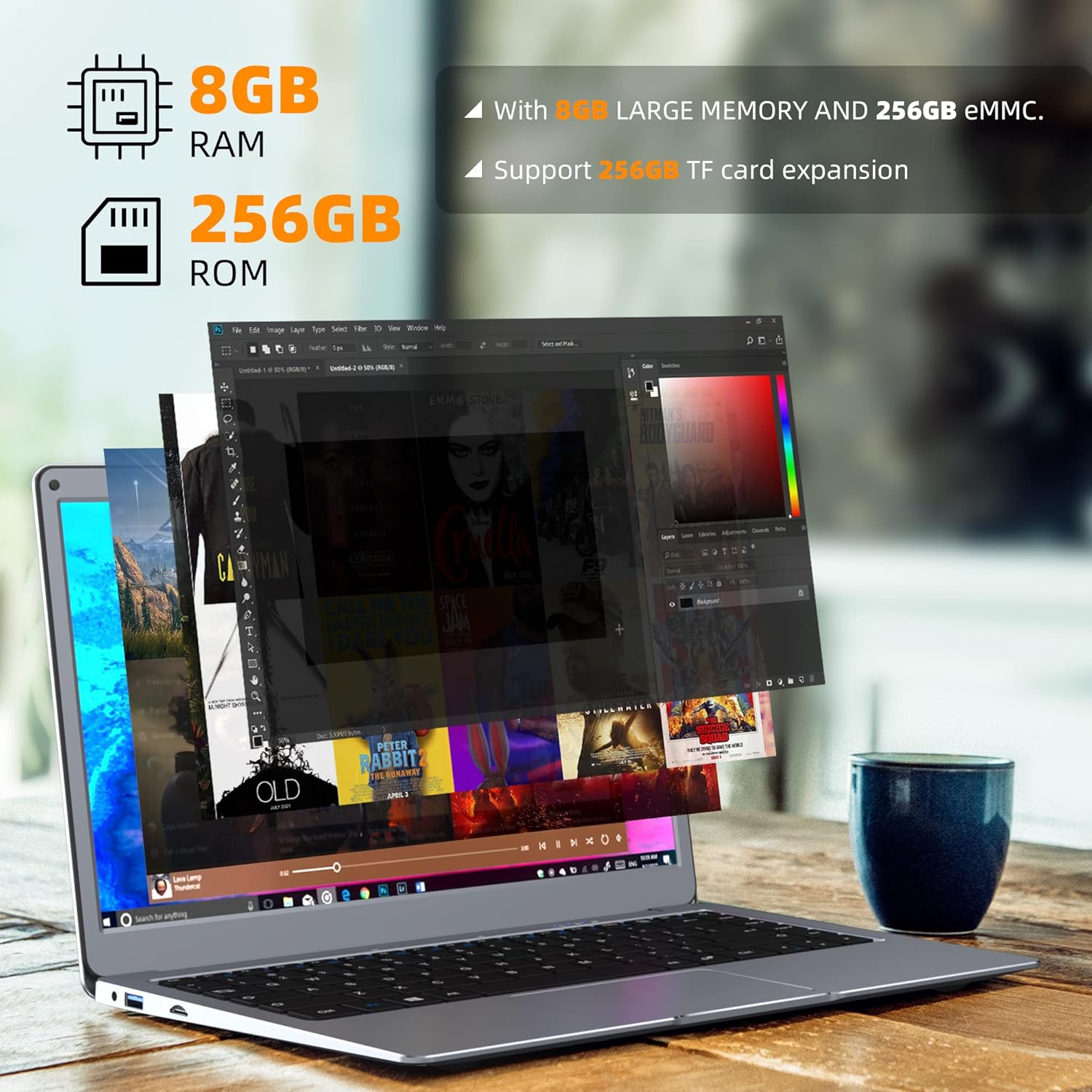 13.3 inch 8GB RAM 256GB ROM Celeron Windows 10 Thin and Light Laptop, Full HD 1080P Display, Gray W75151
