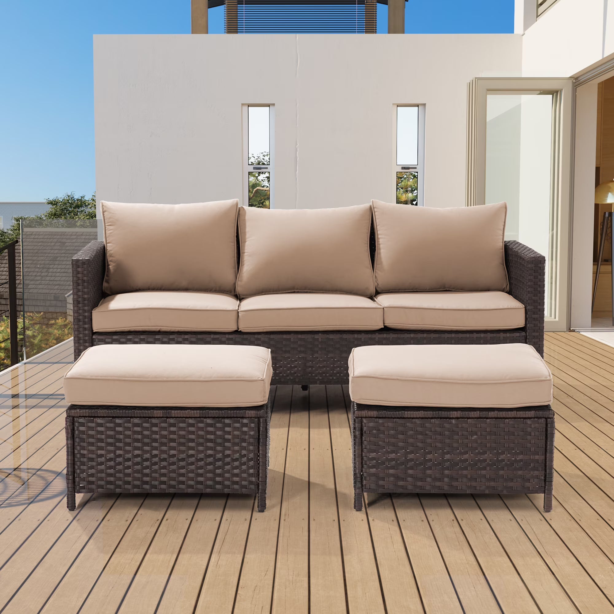 3-Piece Rattan Patio Sofa Set with Ottomans Y805