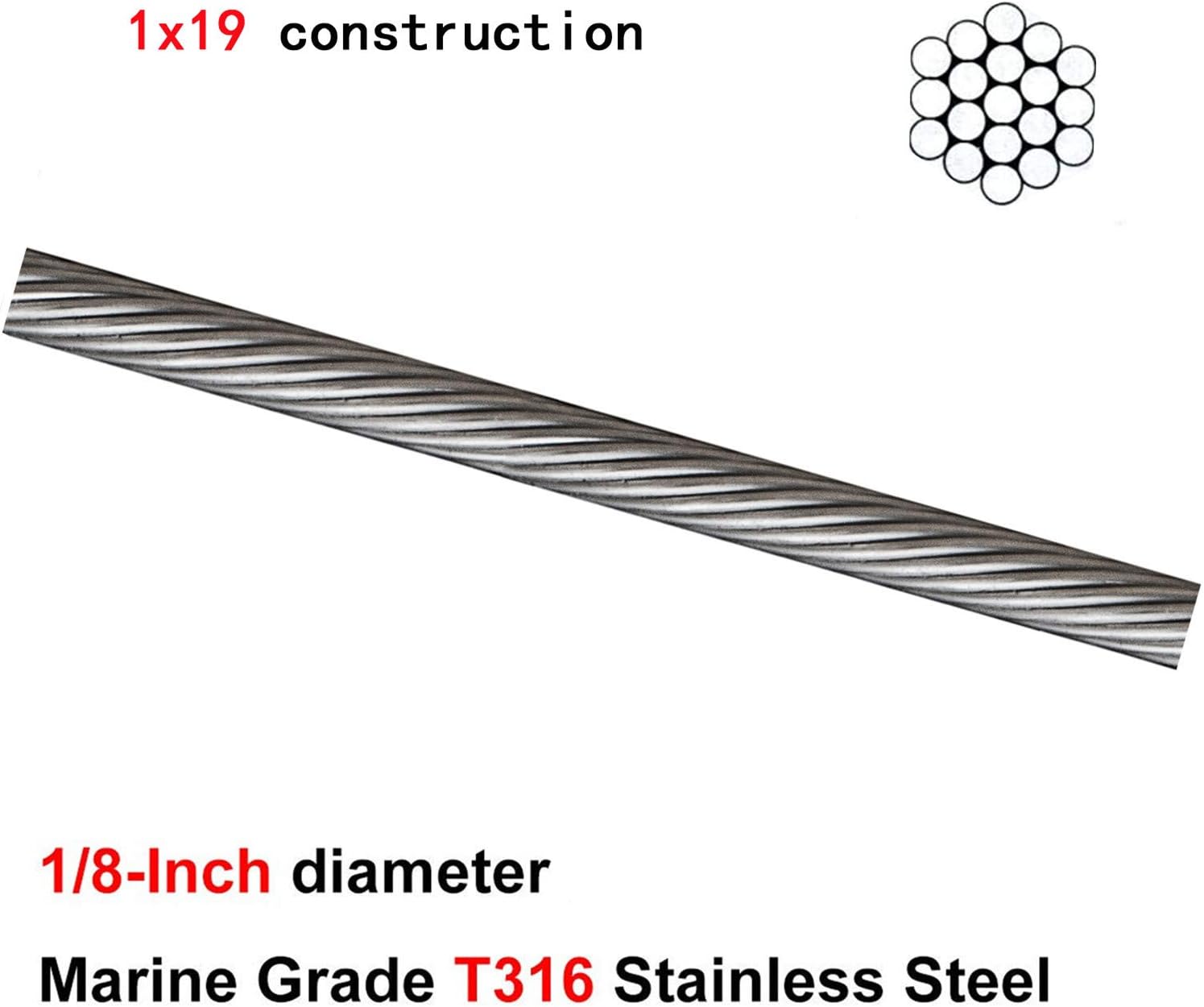 1/8" 1x19 Stainless Steel Wire Rope 1000ft Cable Railing A6405