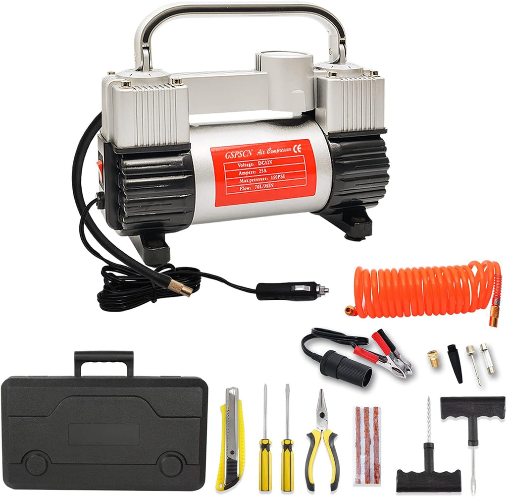 Portable Dual Cylinder 12V DC Air Compressor with 11.5ft Air Hose and Tire Repair Kit, Pack of 2 Y136702